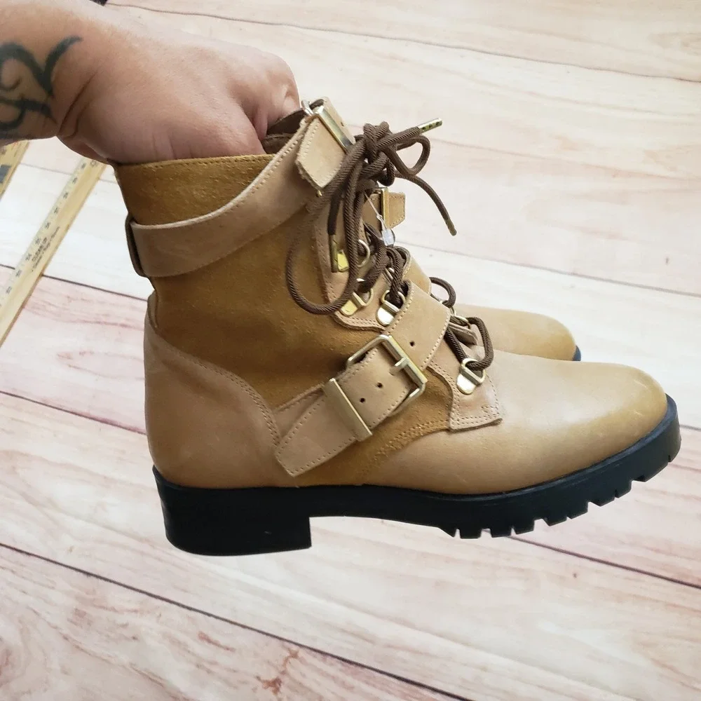 Free People Boots Womens 37 Tan Leather Suede Lace Up Buckle Ankle Combat Bootie